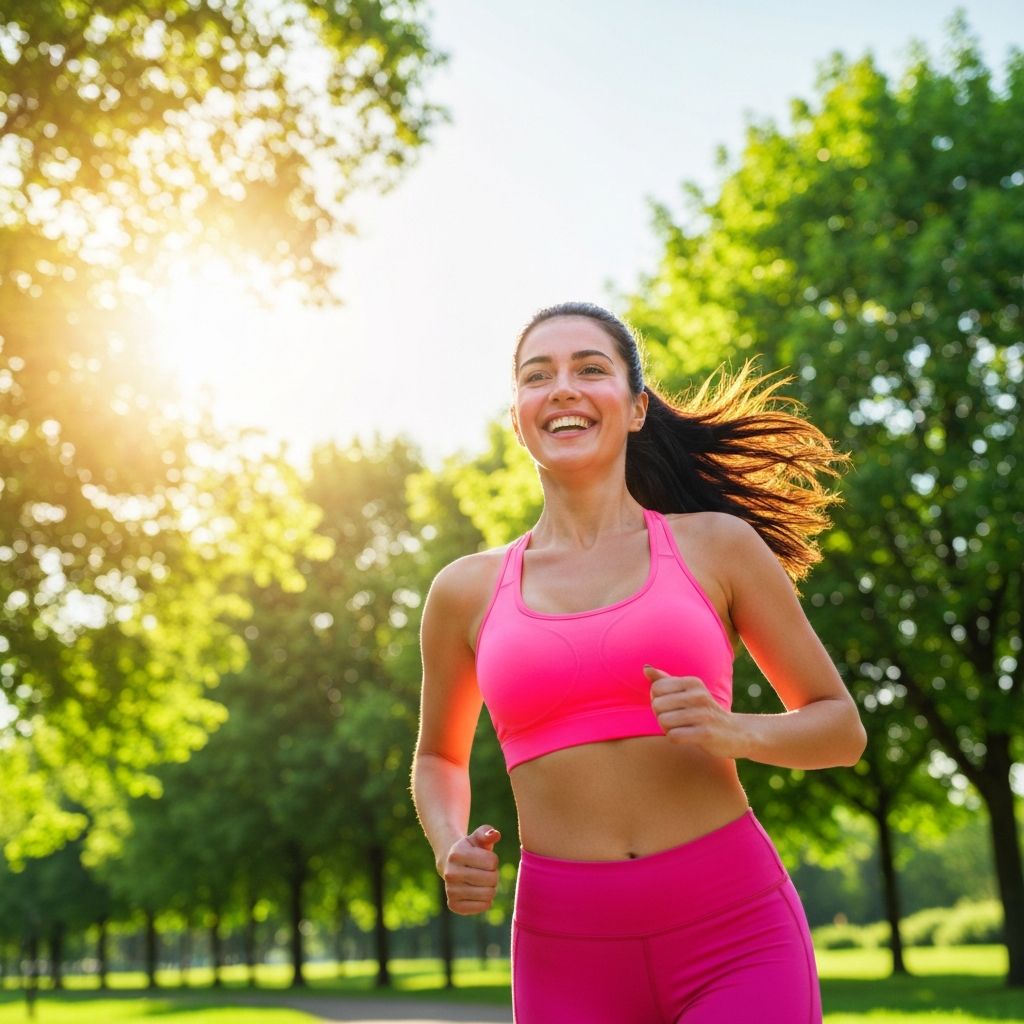 Person jogging outdoors in natural sunlight among green trees