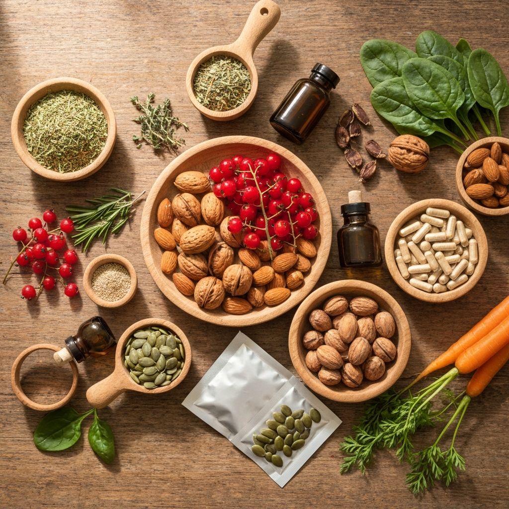 Natural ingredients like dried herbs, berries, nuts, seeds, and fresh vegetables arranged on rustic wooden surface